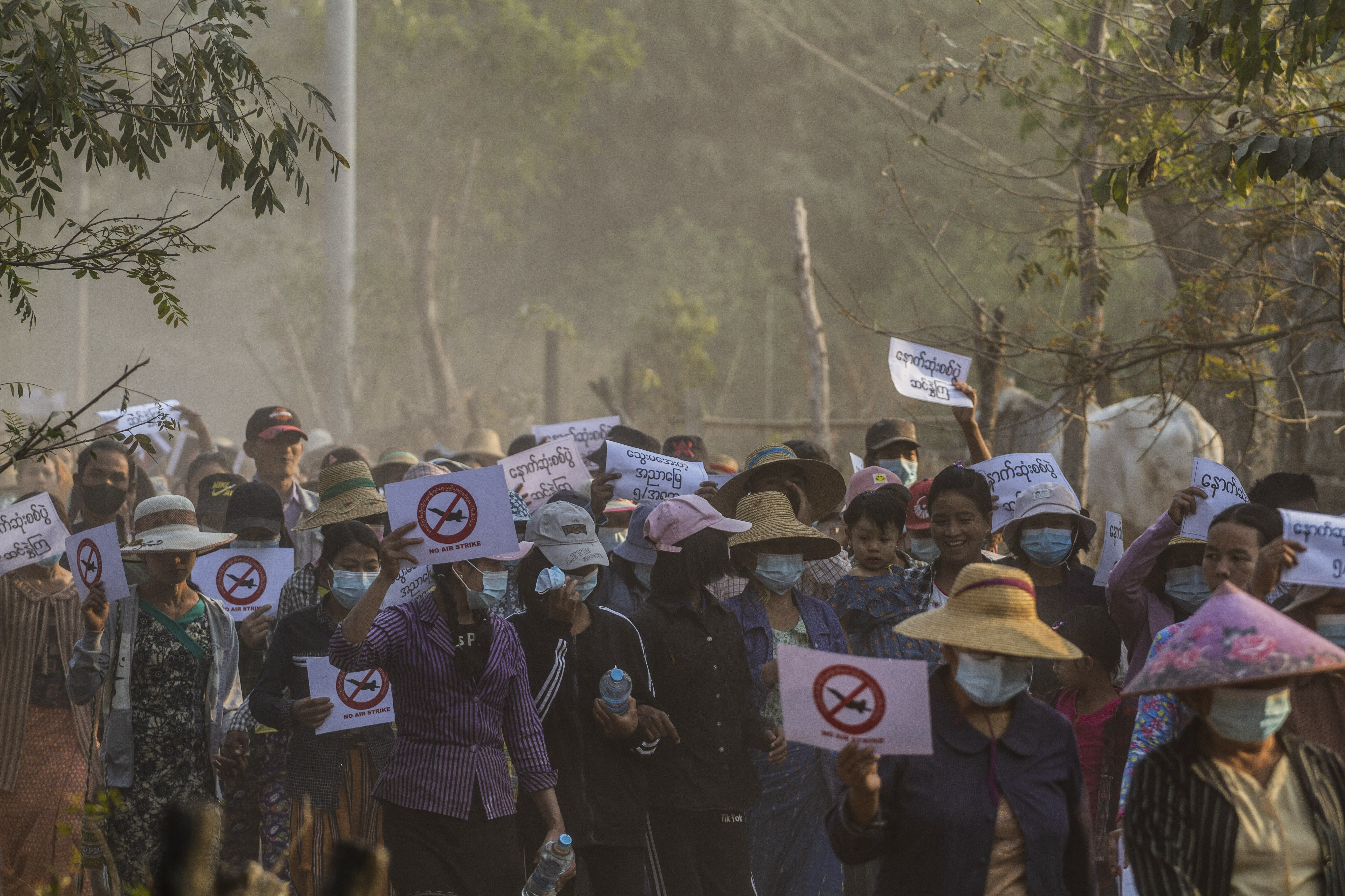 Photo taken on Feb 13, 2022 shows protesters marching during a demonstration against the military coup in Ayadaw Township, in Monywa District in the Sagaing Division of Myanmar. Photo taken on Feb 13, 2022 shows protesters marching during a demonstration against the military coup in Ayadaw Township, in Monywa District in the Sagaing Division of Myanmar.