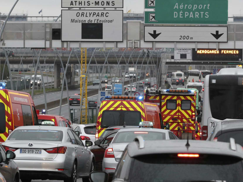 Emergency vehicles arrive Orly airport southern terminal in Paris, France. Photo: Reuters