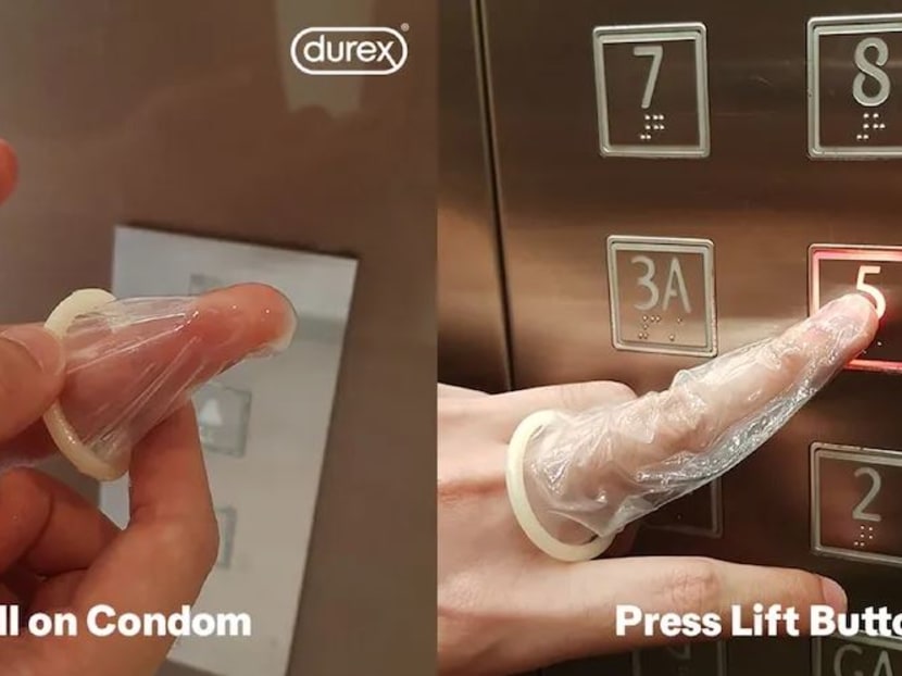 A series of how-to pictures on the Durex’s Facebook page shows an individual opening a condom package, slipping it onto the index finger, pressing a lift button, and then disposing of the rubber sheath.