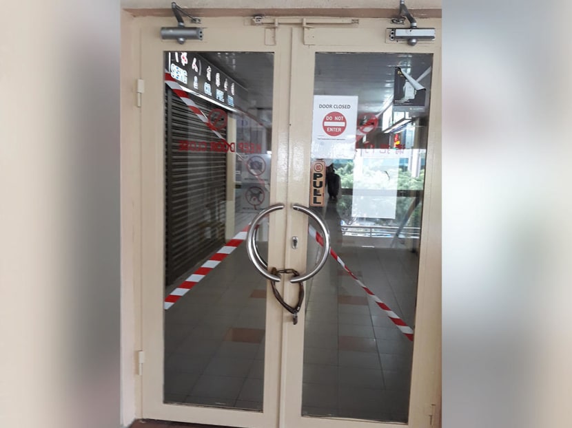 A locked entrance at People's Park Centre on Aug 18, 2020.