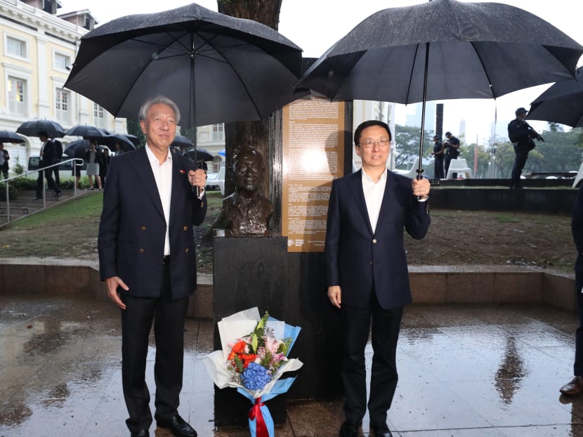 Photo of the day: Deputy Prime Minister and Coordinating Minister for National Security Teo Chee Hean and Chinese Vice-Premier Han Zheng visiting the Deng Xiaoping Marker before their meeting at the Asian Civilisations Museum on Wednesday evening (Sept 19).