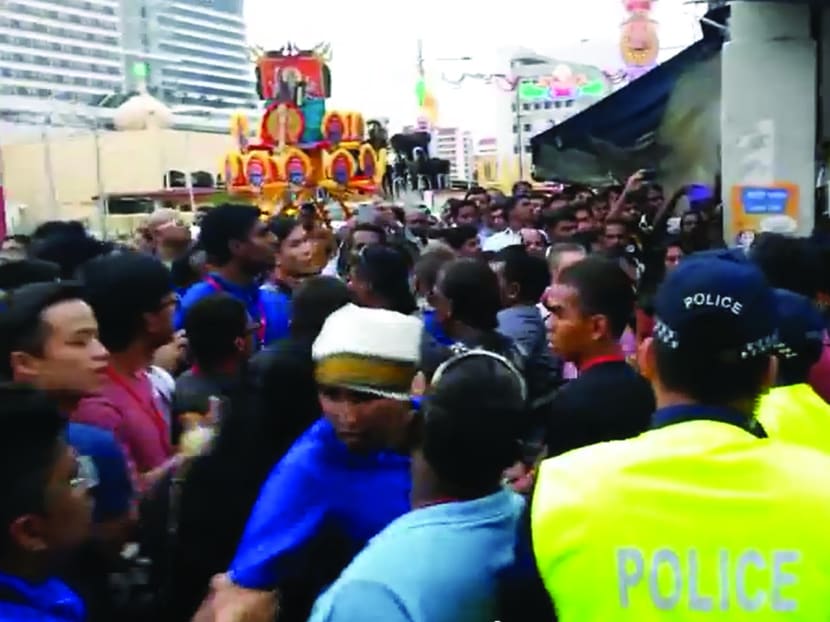 A scene from an online video clip of the incident during the Thaipusam procession on Feb 3. Photo: YouTube