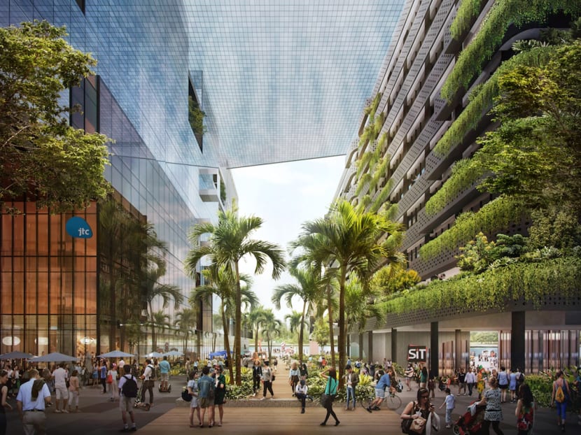An artist's impression of the campus boulevard at the SIT's new campus in Punggol, slated to finish by end-2022. Photo: JTC