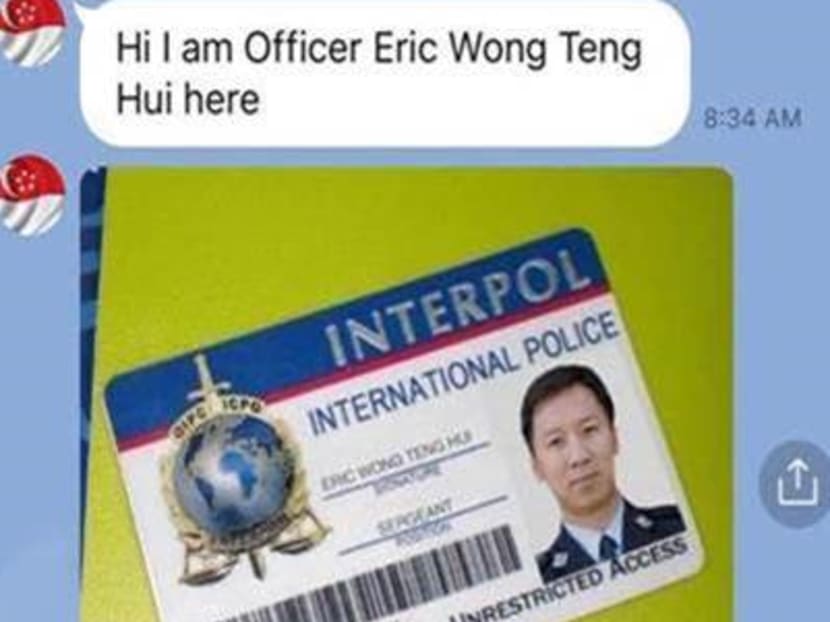 A screengrab of a fake Interpol identity card and WhatsApp message used by scammers.