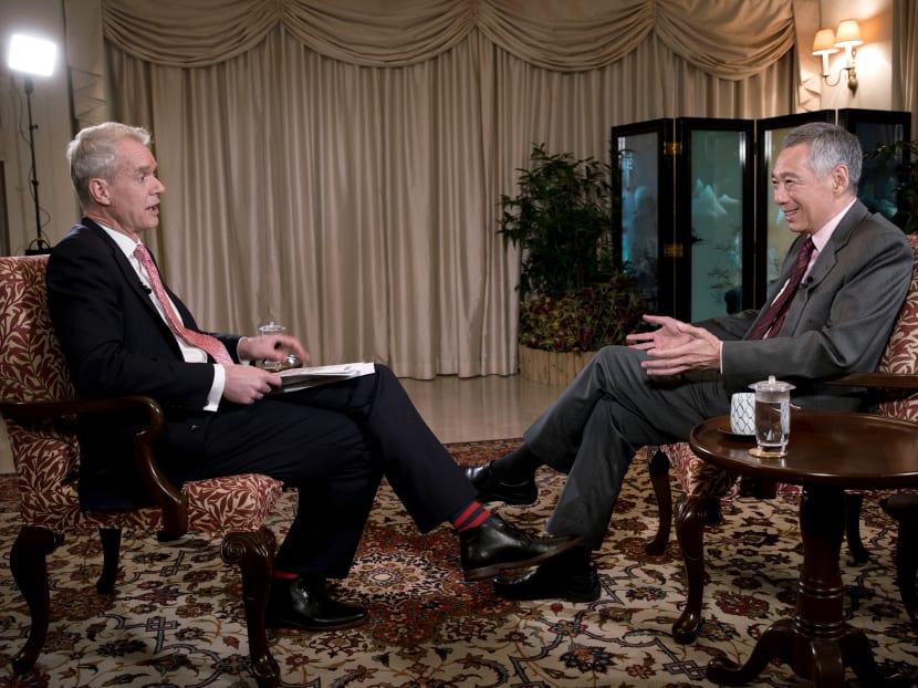 (L-R) Mr Stephen Sackur, Presenter, BBC HARDTalk and PM Lee Hsien Loong, during the Interview with BBC HARDTalk. Photo: MCI