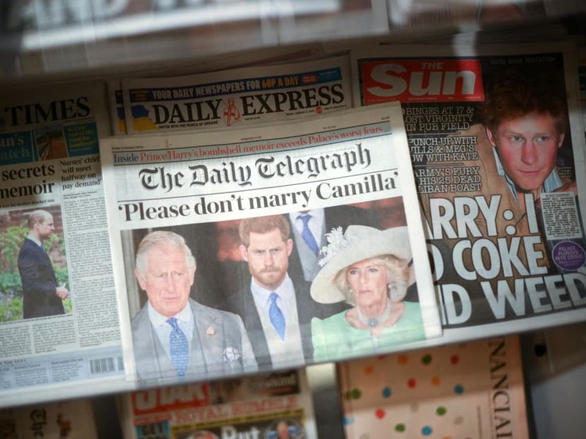 British daily newspaper, leading with stories about the publication of the book 'Spare' by Britain's Prince Harry, Duke of Sussex, are pictured displayed for sale in London on Jan 6, 2023.