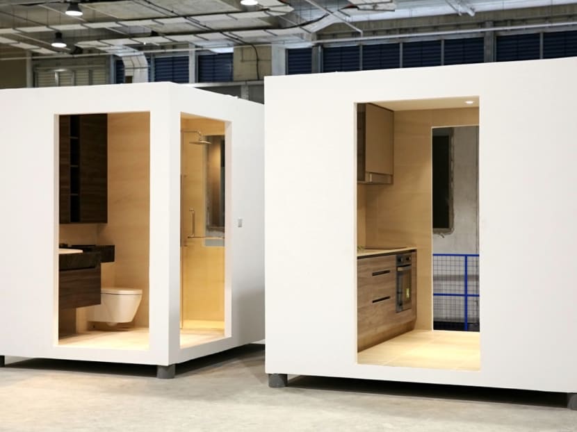 A prefabricated bathroom (left) and kitchen unit on display at the Greyform Building on Tuesday (Oct 3). It is the second Integrated Construction and Prefabricated Hub (ICPH) awarded under a public tender by the Building and Construction Authority (BCA). Photo: Nuria Ling/TODAY