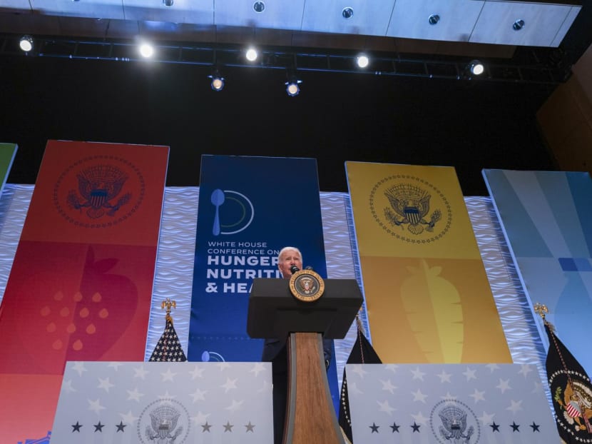 US president Joe Biden addresses the White House Conference on Hunger, Nutrition, and Health, in Washington on Wednesday, Sept 28, 2022. 
