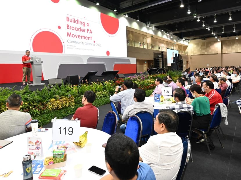 People's Association's deputy chairman Edwin Tong addressing grassroots leaders and volunteers on Oct 29, 2022.