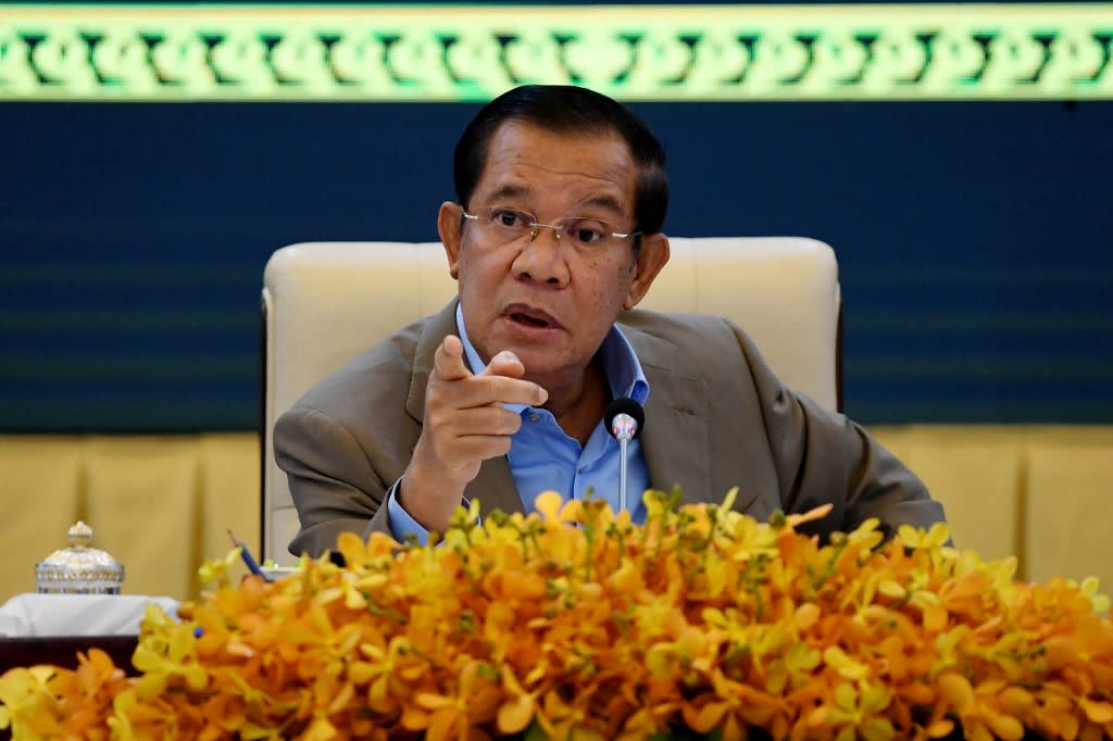 Cambodia's prime minister Hun Sen gestures during a press conference at the Peace Palace in Phnom Penh on Sept 17, 2021. Cambodia's prime minister Hun Sen gestures during a press conference at the Peace Palace in Phnom Penh on Sept 17, 2021.