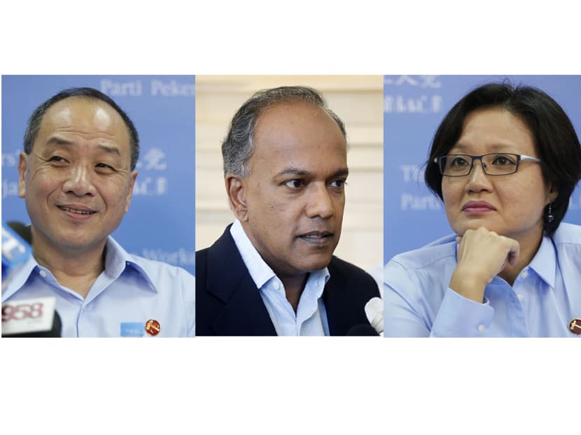 Mr Low Thia Khiang (left) and Ms Sylvia Lim (right) were involved in sharp exchanges with Home Affairs and Law Minister K Shanmugam (centre). TODAY file photos