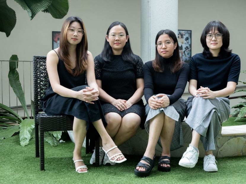 Nanyang Technological University students, (from left to right) Ms Amanda Wong, 24, Ms Sabrina Tang, 25, Ms Hanisah Rashid, 24, and Ms Leah Tee, 23, poses for a photo at the Wee Kim Wee School of Communication and Information, on Jan 25, 2023. 