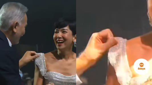 Zhu Houren Calls Himself A “Mountain Tortoise” For Pulling Up The Strap Of Kym Ng's Off-Shoulder Gown At Star Awards