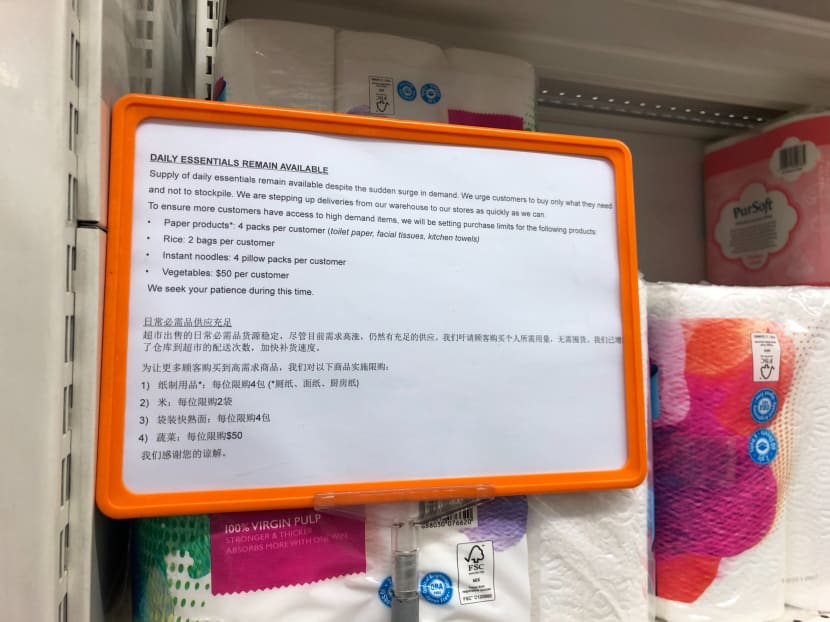 A sign advising customers on the purchase limits. NTUC FairPrice also urged shoppers to buy only what they need and not to stockpile.