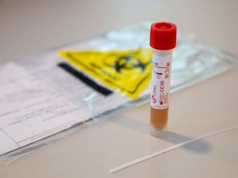 A test kit used to collect a mucus sample which will be sent for testing for the novel coronavirus.