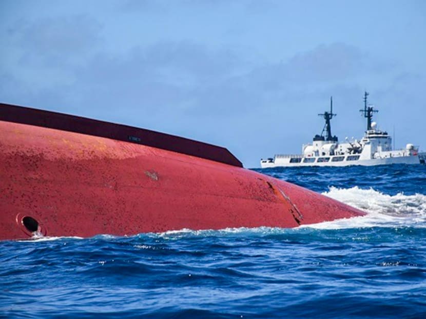 This handout photo taken by the Sri Lanka Navy on May 23, 2023, shows the capsized Chinese fishing vessel Lu Peng Yuan Yu 028 in the Indian Ocean.