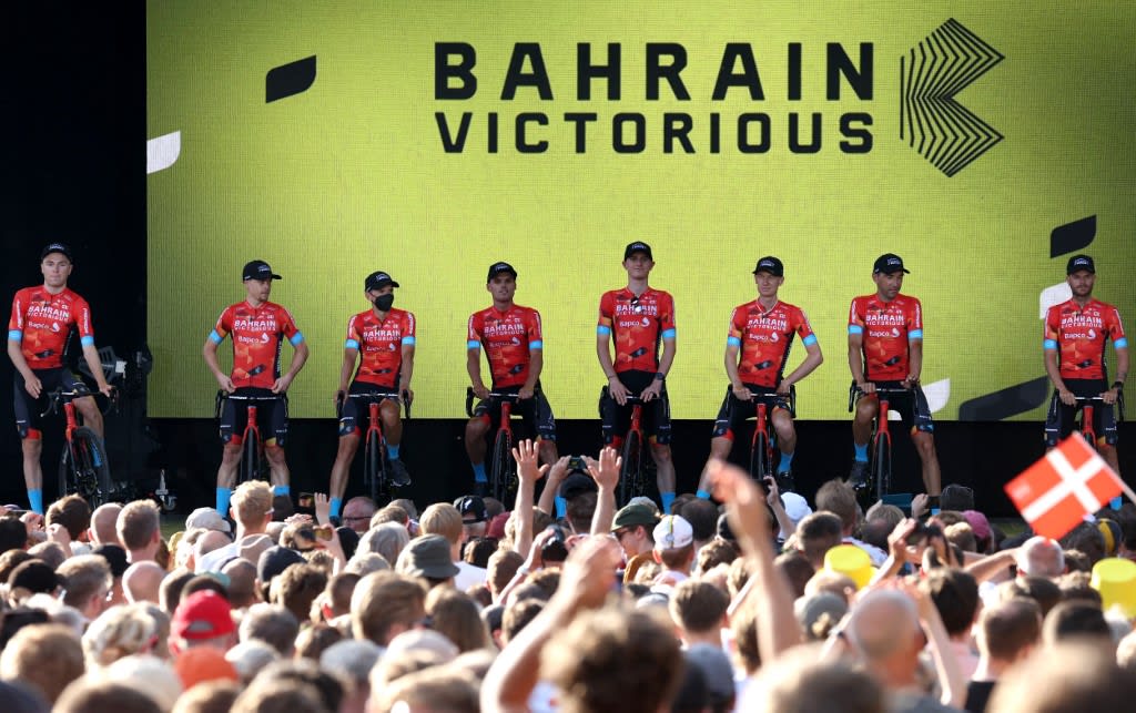 Bahrain Victorious team riders attend the cycling teams' presentation two days ahead of the first stage of the 109th edition of the Tour de France cycling race, in Copenhagen, in Denmark, on June 29, 2022. Bahrain Victorious team riders attend the cycling teams' presentation two days ahead of the first stage of the 109th edition of the Tour de France cycling race, in Copenhagen, in Denmark, on June 29, 2022.