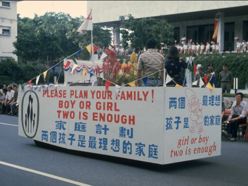 The Family Planning and Population Board float on Maxwell Road during the 1975 National Day Parade. PHOTO: MINISTRY OF INFORMATION AND THE ARTS COLLECTION, COURTESY OF NATIONAL ARCHIVES OF SINGAPORE