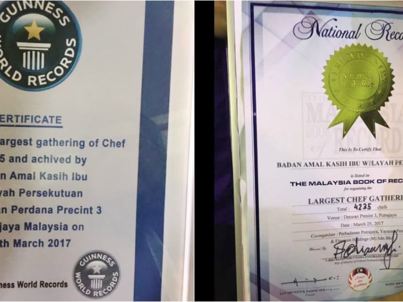 Netizens pointed out that the copy of the Guinness World Records certificate (left) had spelling errors. The national records certificate is on the right. Photos: Twitter