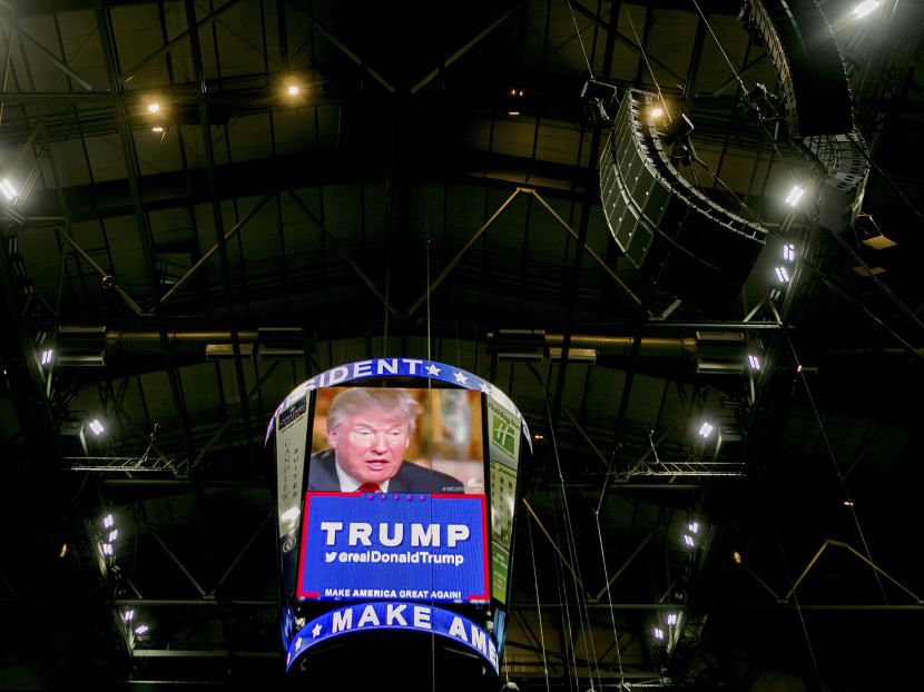 Video ads for Donald Trump run on a digital screen before a rally at the Allen County War Memorial Coliseum in Fort Wayne, Ind., May 1, 2016. Photo: The New York Times