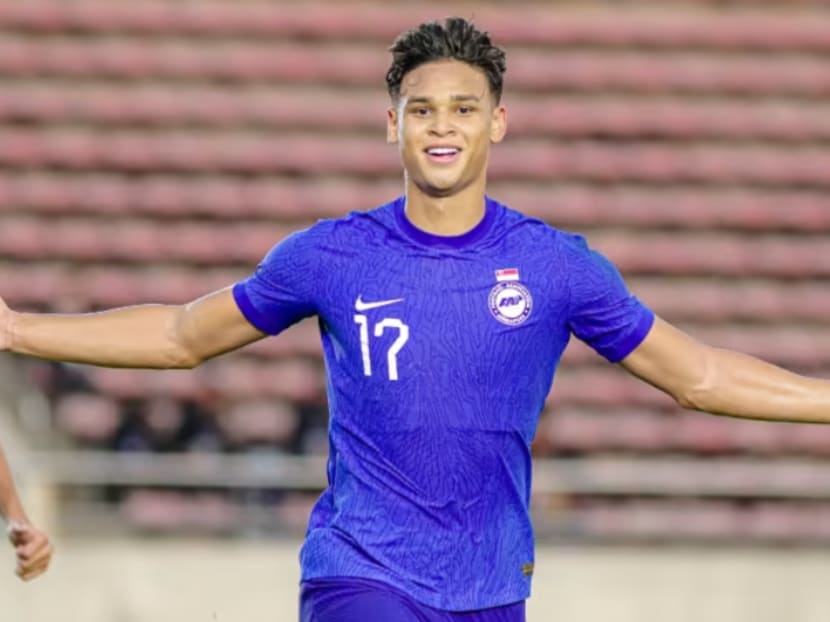 Irfan Fandi celebrates after scoring Singapore's opening goal in their 2022 AFF Mitsubishi Electric Cup Group B match against Laos at National Stadium KM16 in Vientiane on Dec 27, 2022.