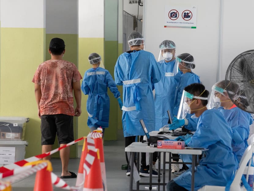 Mandatory Covid-19 testing for residents living at block 55, 56 and 57 Lengkok Bahru, held at the void deck of block 53 on June 28, 2021. Mandatory Covid-19 testing for residents living at block 55, 56 and 57 Lengkok Bahru, held at the void deck of block 53 on June 28, 2021.