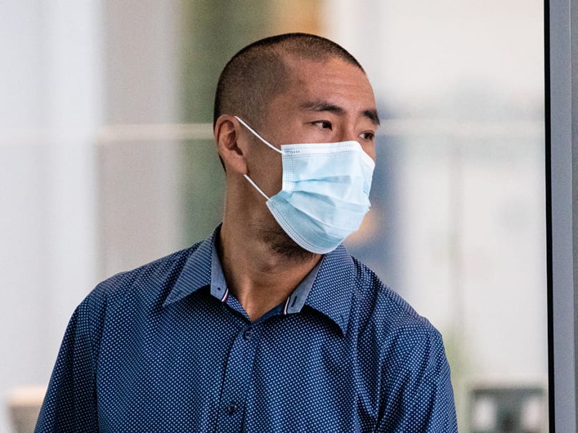 Wang Lin leaving the State Courts on April 27, 2022. 