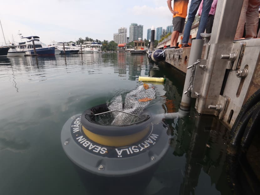 Seabin, a floating rubbish bin which is placed in water at marinas, docks, yatch clubs and commercial ports, collects all floating rubbish debris, surface oil and pollution in the water. Photo: Koh Mui Fong/TODAY