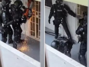 Screenshots from a video by TikTok user "zailia7276" showing police officers using a saw to breach a residential unit's main gate before entering.