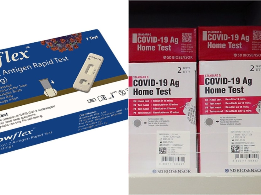 Samples of antigen rapid test kits: (from left) Acon Flowflex Sars-CoV-2 Antigen Rapid Test (Self-Testing) and SD Biosensor Standard Q Covid-19 Ag Home Test.  