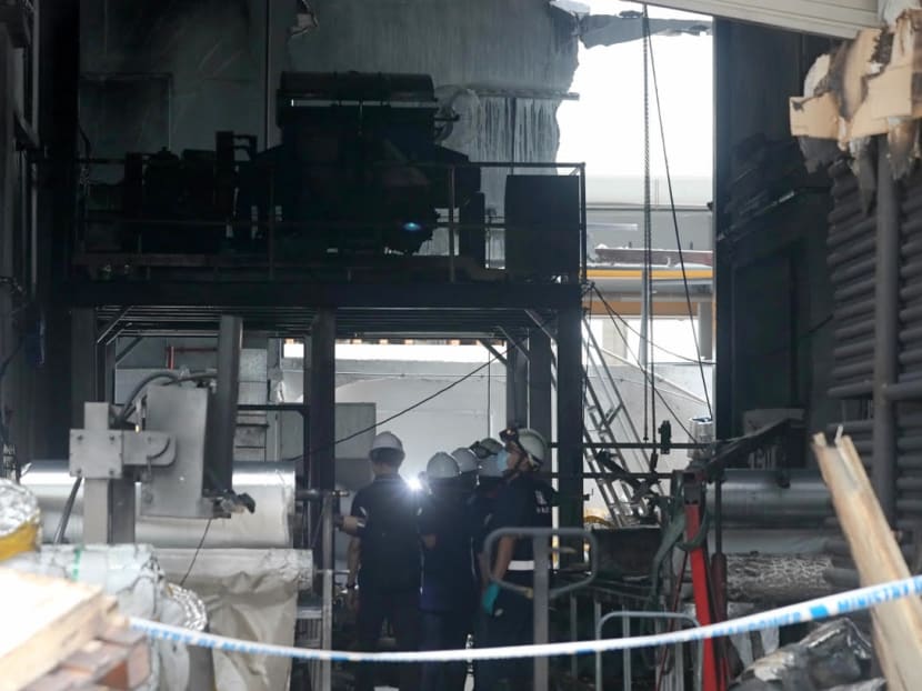 The site of an explosion and fire that broke out at an industrial unit located at 32E Tuas Avenue 11&nbsp;on Feb 24, 2021.&nbsp;