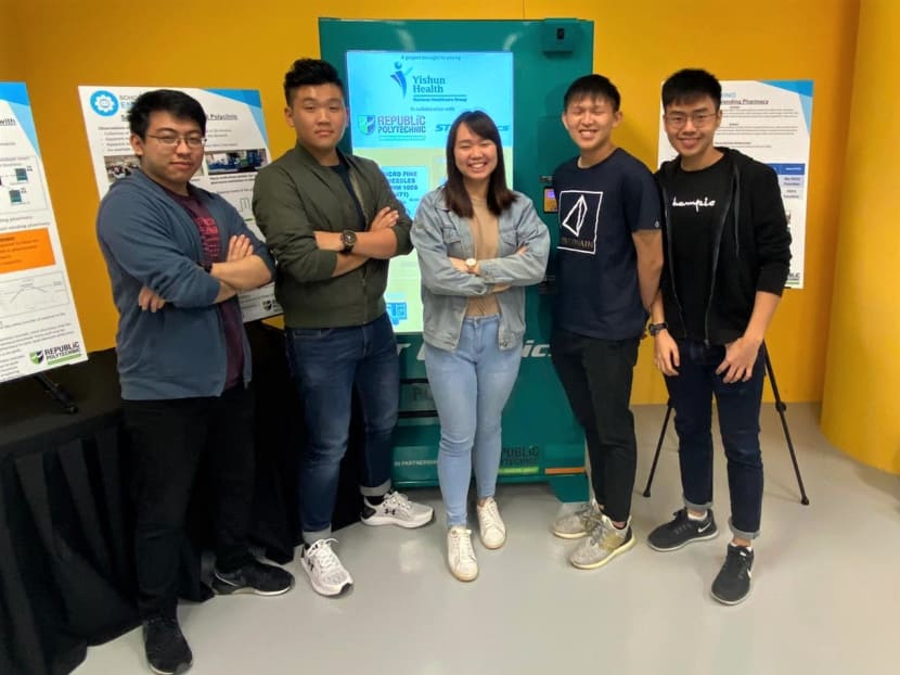 Taken before the outbreak of COVID-19, this image shows Justin (second from left) and his teammates with their completed final-year project – a smart vending machine. Photos: Justin Ang