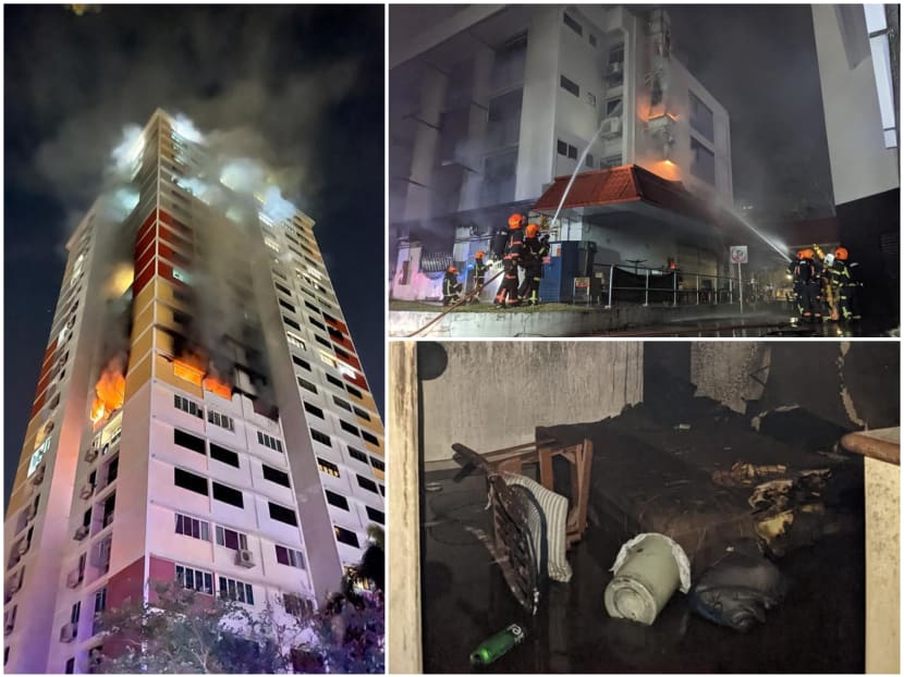 Fires broke out overnight at (clockwise from left) Block 39 Telok Blangah Rise, Block 204 Bedok North Street 1 and Block 941 Tampines Avenue 5.