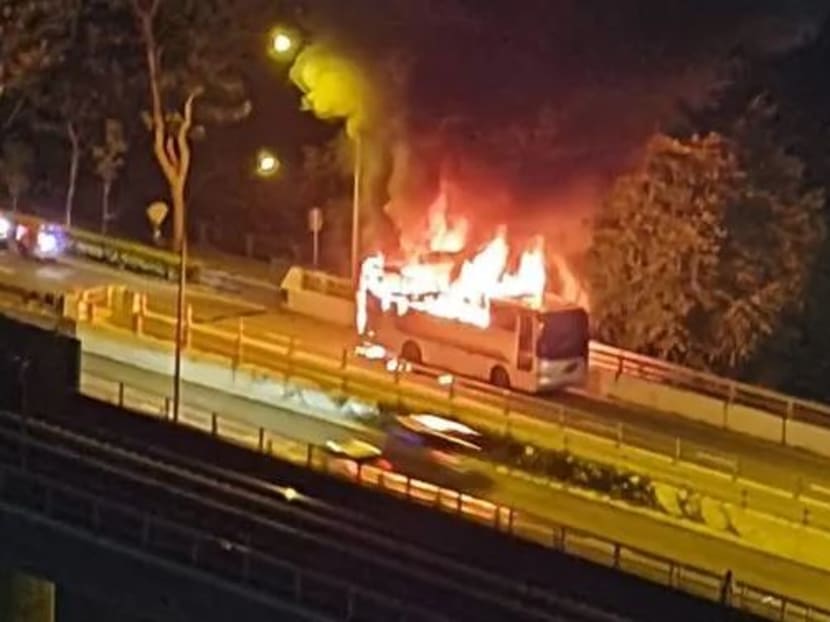 Bus catches fire on flyover in Jurong East