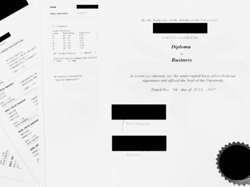 Convincing fake degrees from local universities are sold at a ‘discount price’ of RM12,000 (S$4,000), while those from more prestigious institutions are available for RM17,000. Convincing fake degrees from local universities are sold at a ‘discount price’ of RM12,000 (S$4,000), while those from more prestigious institutions are available for RM17,000.