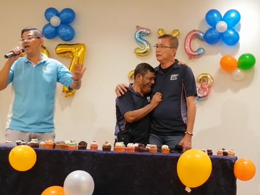 A Bangladeshi worker (centre) who has worked at Shun Yi Cheng Contract Engineering Pte Ltd for 27 years gets emotional at his retirement party. A Bangladeshi worker (centre) who has worked at Shun Yi Cheng Contract Engineering Pte Ltd for 27 years gets emotional at his retirement party.