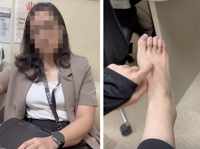 Screengrabs of videos showing a police officer (left) speaking to a woman who allegedly caused a commotion at the Singapore General Hospital, and the woman pointing to her injured foot (right).