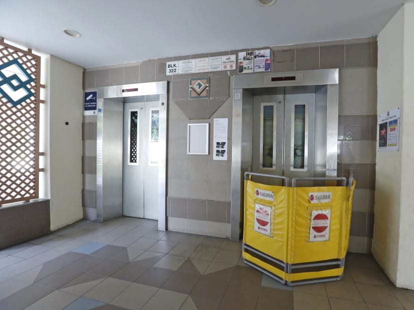 The lift at Block 322, Tah Ching Road where the elderly woman’s hand was severed after it was trapped between lift doors. In the interest of public safety, the Building and Construction Authority has suspended the use of the lift. Photo: Ernest Chua