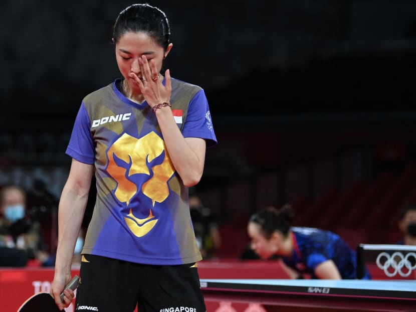 Singapore's Yu Mengyu reacts as she competes against Japan's Mima Ito during the women's singles table tennis match for the bronze medal at the Tokyo Metropolitan Gymnasium during the Tokyo 2020 Olympic Games in Japan on July 29, 2021.