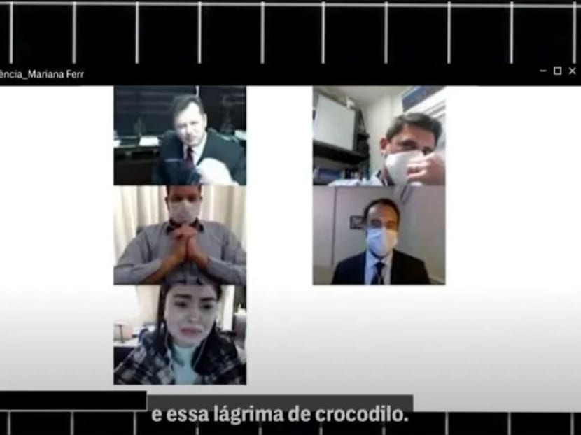 A screenshot from the virtual trial proceedings showing defence attorney Gaston da Rosa Filho (top left) virulently attacking Ms Mariana Ferrer.