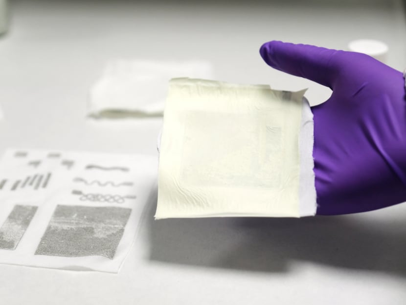 A stretchable and waterproof material (pictured) developed by scientists at Nanyang Technological University could one day be integrated into clothes or wearable electronics to power devices on the go.