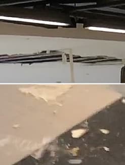 Screenshots from a video showing a hole in the ceiling and the debris that fell onto the floor of basement 1 in Nex shopping mall.