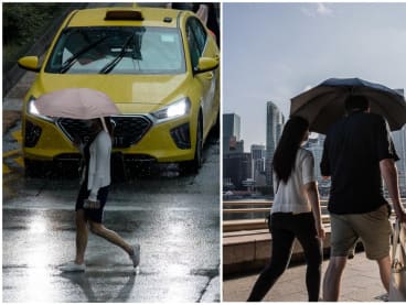 People in Singapore walking in the rain (left) and in the heat (right). 