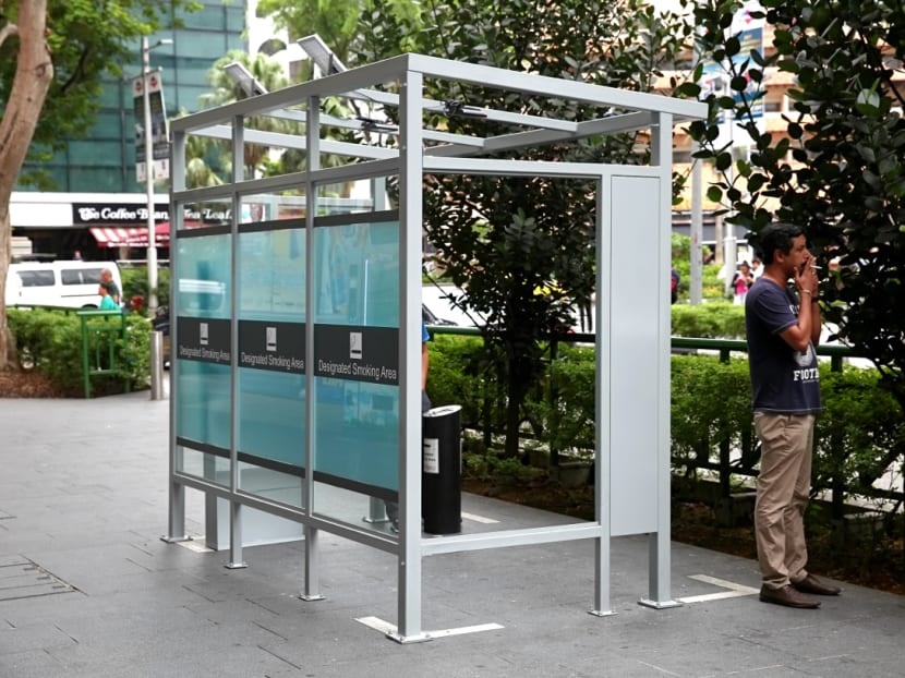 A designated smoking area. In order to protect residents from second-hand smoke, the Government has progressively extended the smoking ban to as many public areas as possible. These include sheltered walkways, exercise areas, playgrounds and common areas such as void decks and lift lobbies. A designated smoking area. In order to protect residents from second-hand smoke, the Government has progressively extended the smoking ban to as many public areas as possible. These include sheltered walkways, exercise areas, playgrounds and common areas such as void decks and lift lobbies.