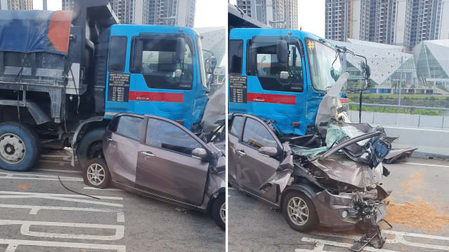 新柔长堤车祸 轿车司机被夹驾驶座受伤