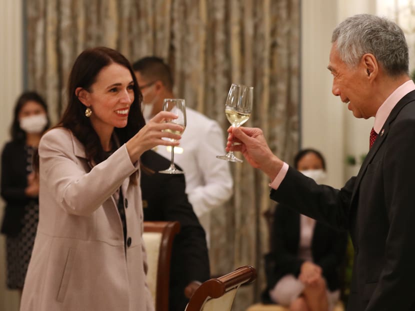 New Zealand Prime Minister Jacinda Ardern (left) and Prime Minister Lee Hsien Loong raise their glasses to strong bilateral relations as they meet on April 19, 2022. New Zealand Prime Minister Jacinda Ardern (left) and Prime Minister Lee Hsien Loong raise their glasses to strong bilateral relations as they meet on April 19, 2022.