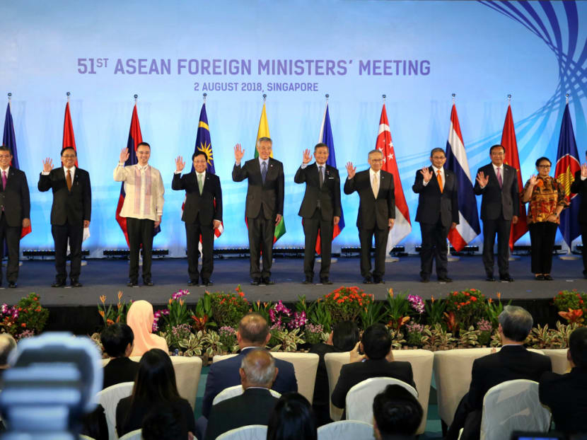 Prime Minister Lee Hsien Loong (centre) and Dr Vivian Balakrishnan (sixth from right), Minister of Foreign Affairs, with other foreign ministers from the Asean states during the Opening Ceremony of the 51st Asean Foreign Ministers’ Meeting and Related Meetings (AMM) on Thursday, Aug 2, 2018.