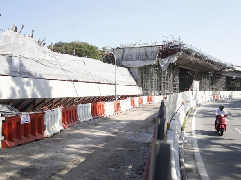 The collapsed viaduct in Tampines, near the Pan-Island Expressway exit to Tampines Expressway. The Land Transport Authority said that it awarded the replacement tender for the viaduct to Hwa Seng Builder and works are expected to be done by mid-2022.