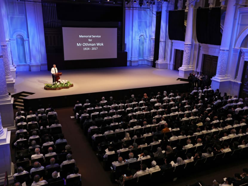 Prime Minister Lee Hsien Loong delivering a eulogy for the late Othman Wok at Victoria Concert Hall yesterday. Among those who also paid tribute to him were Communications and Information Minister Yaacob Ibrahim and Mr Othman’s son-in-law Munir Shah. PHOTO: MCI