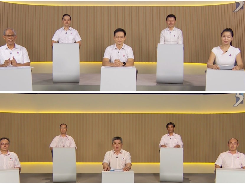 Candidates from the People’s Action Party (top) and the National Solidarity Party (bottom) are contesting for five seats at Tampines Group Representation Constituency. Candidates from the People’s Action Party (top) and the National Solidarity Party (bottom) are contesting for five seats at Tampines Group Representation Constituency.